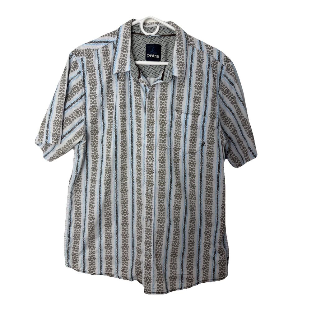 Prana Shirt Mens Large Gray Floral Short Sleeve Button Front Organic Cotton